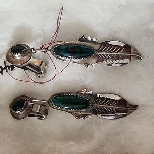 Native American paua shell silver feather earrings